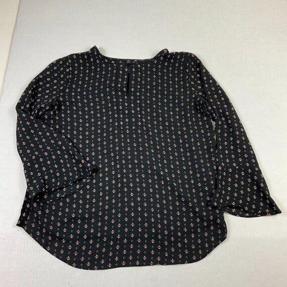 LOFT Blouse Black Printed Bell Long Sleeve Shirt Button Keyhole Top PM Petites - Picture 1 of 13